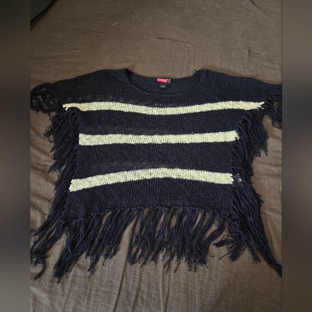 Say What? Navy and White Fringe Sweater